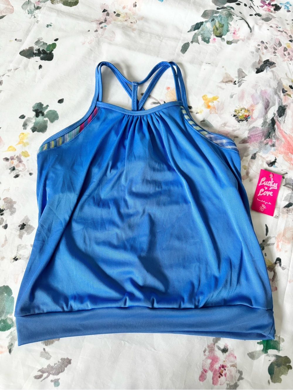 NWT Girls Lucky in Love Blue Tankini Top with Strappy Back + Built in Bra Sz 14